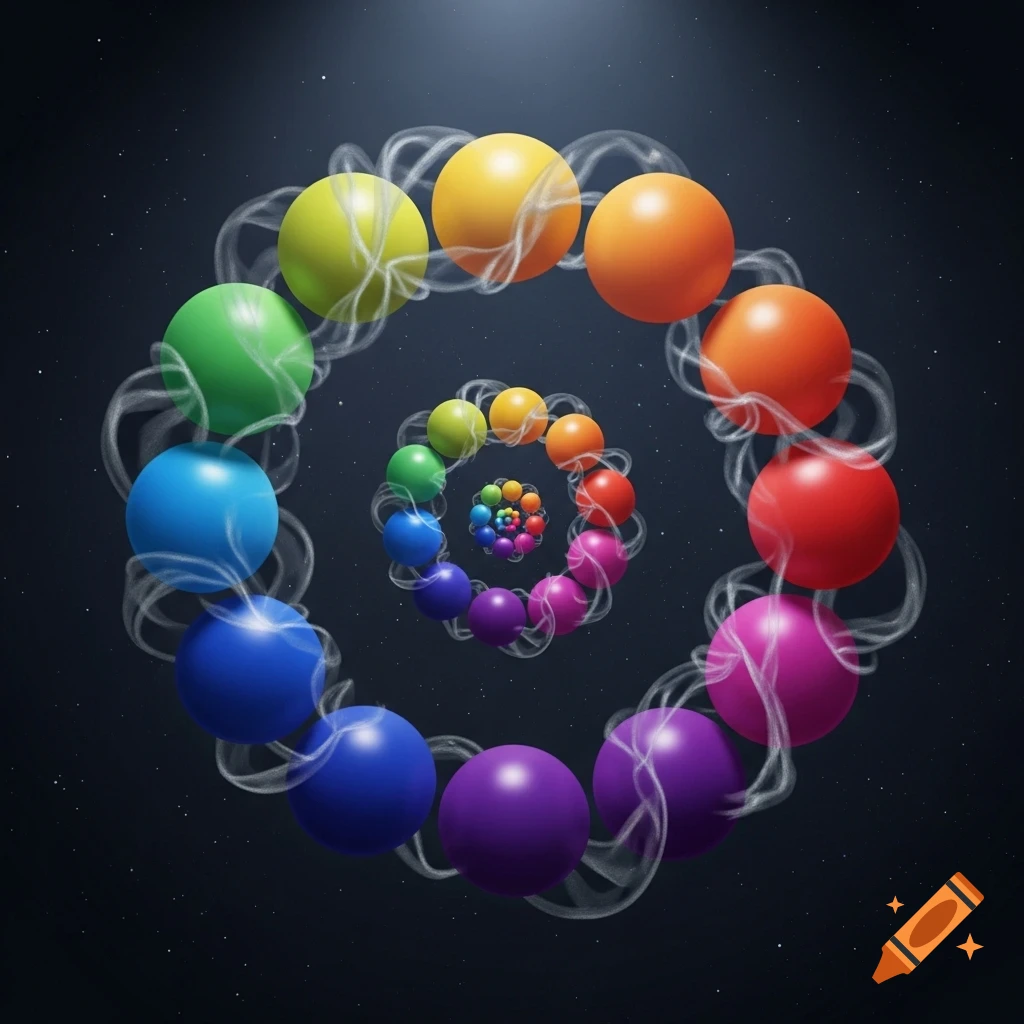 A vibrant Fibonacci spiral of colorful spheres with smoky trails against a starry dark background.