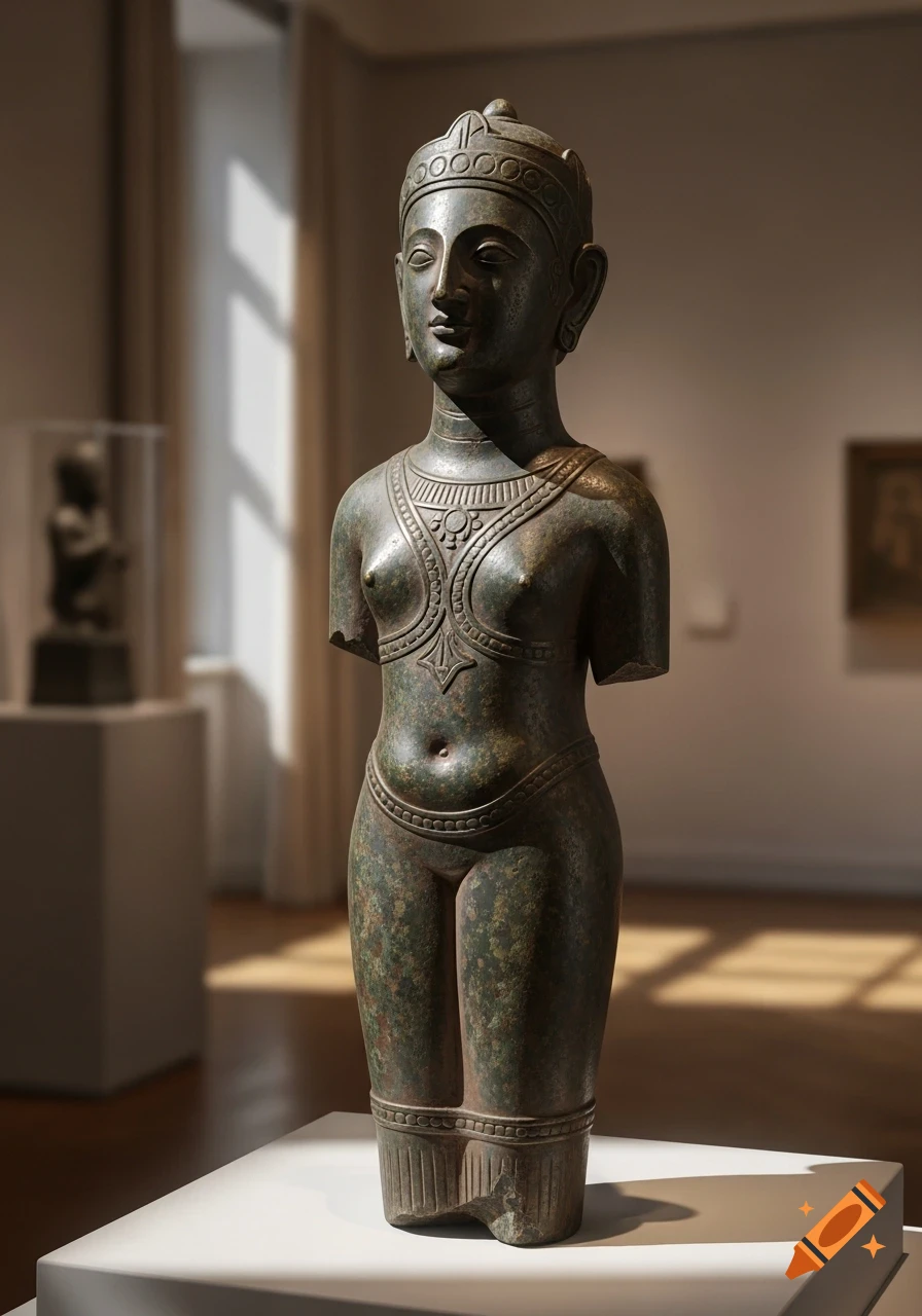 A weathered bronze statue of a woman's torso, adorned with ancient designs, displayed in a museum with soft lighting.