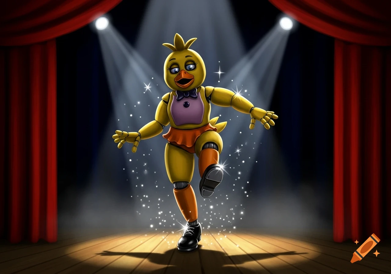 Chica from FNAF tap dancing on a spotlighted stage with red curtains, surrounded by sparkling effects.