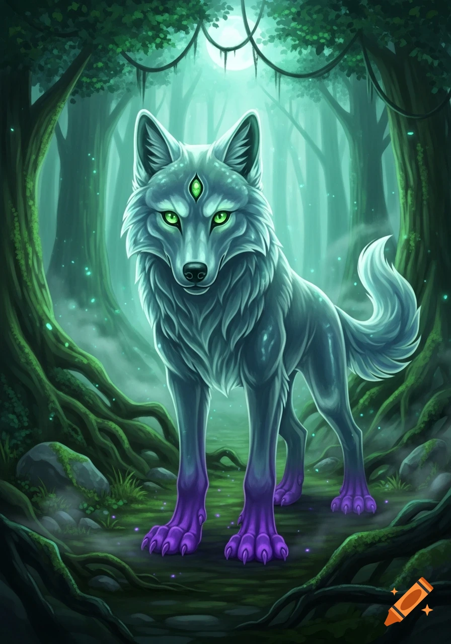 A stylized blue-grey wolf with glowing green eyes and purple paws stands in a misty, enchanting forest under a full moon.