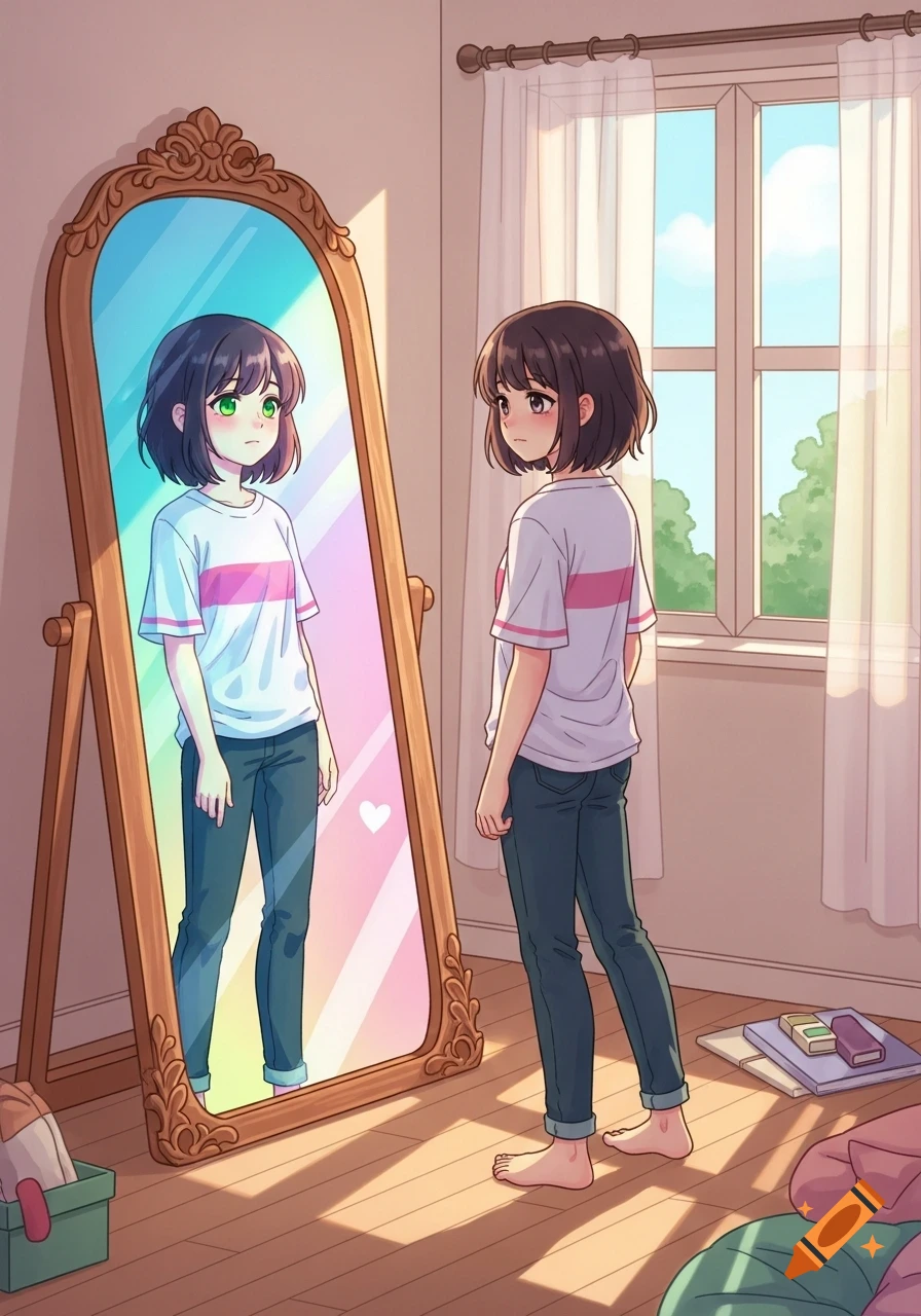 A sad anime teenager with brown eyes looks at their 'perfect' green-eyed reflection in a sunlit bedroom mirror.