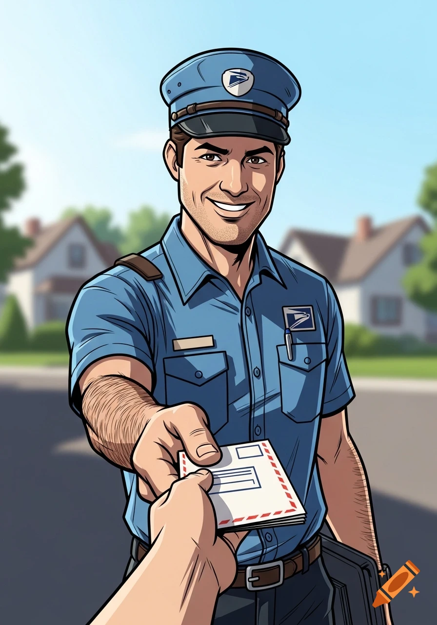 A smiling, cartoon mail carrier in uniform hands an envelope to another person on a suburban street.