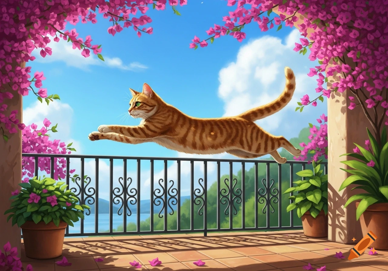 An orange tabby cat leaps mid-air over a black railing on a sunny balcony adorned with vibrant pink bougainvillea flowers.