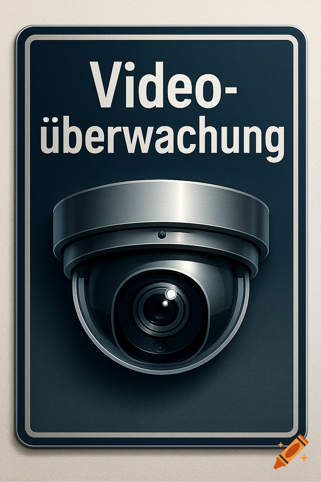A black sign with a silver border reads 'Videoüberwachung' in white text above a grey dome security camera.