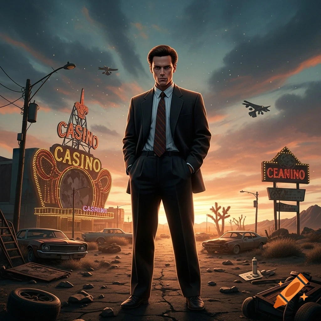A stern man in a dark suit stands on a cracked road amidst abandoned cars and neon casino signs in a desert at sunset.