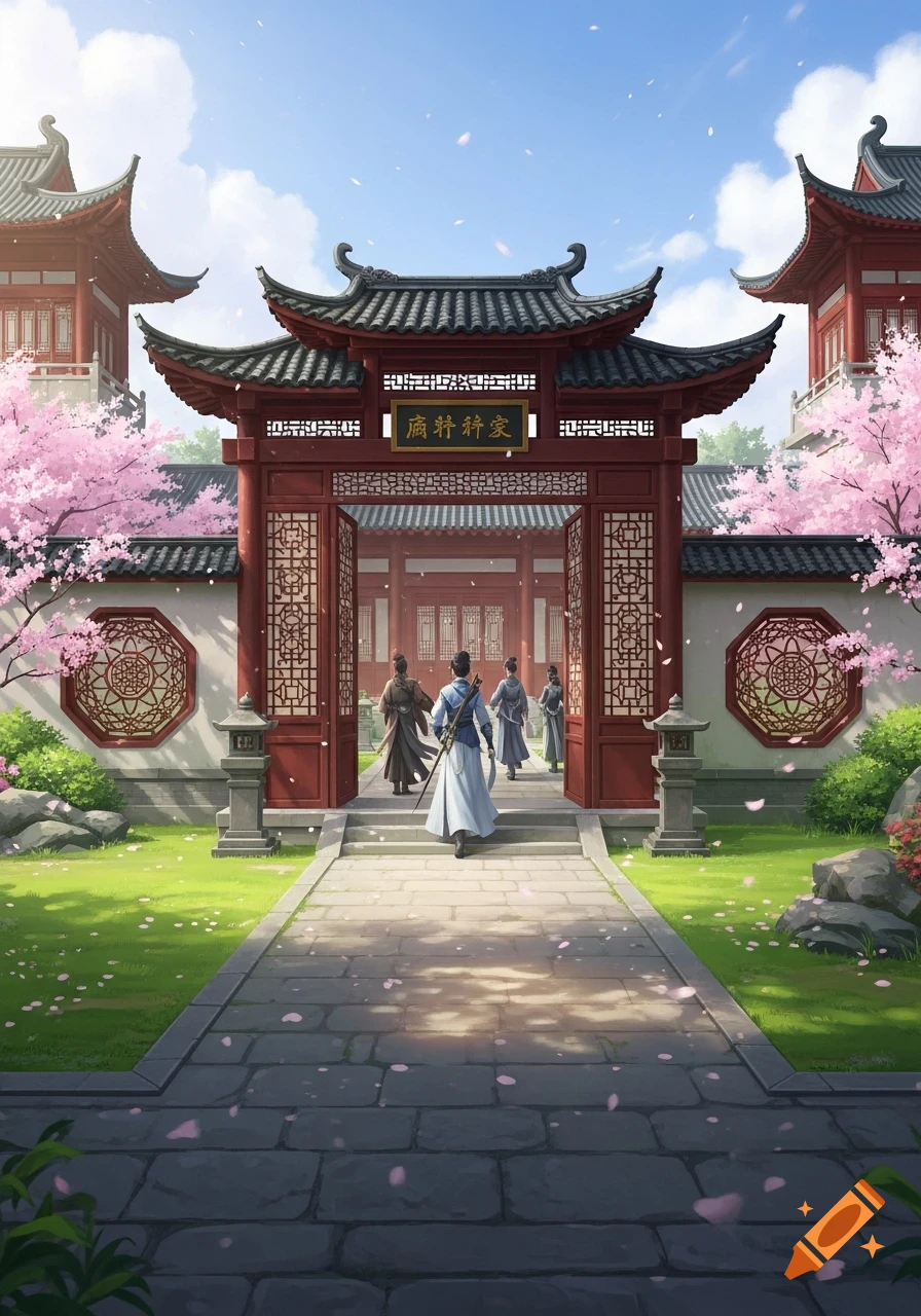 An illustration of a traditional Chinese gate entrance, flanked by cherry blossom trees, leading into a courtyard where people in period attire walk through.