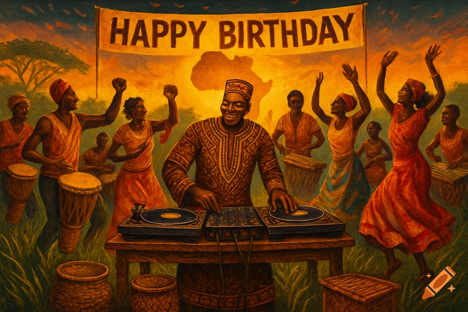 Vibrant painting of African people dancing and playing drums, with a DJ, beneath a 'HAPPY BIRTHDAY' banner.