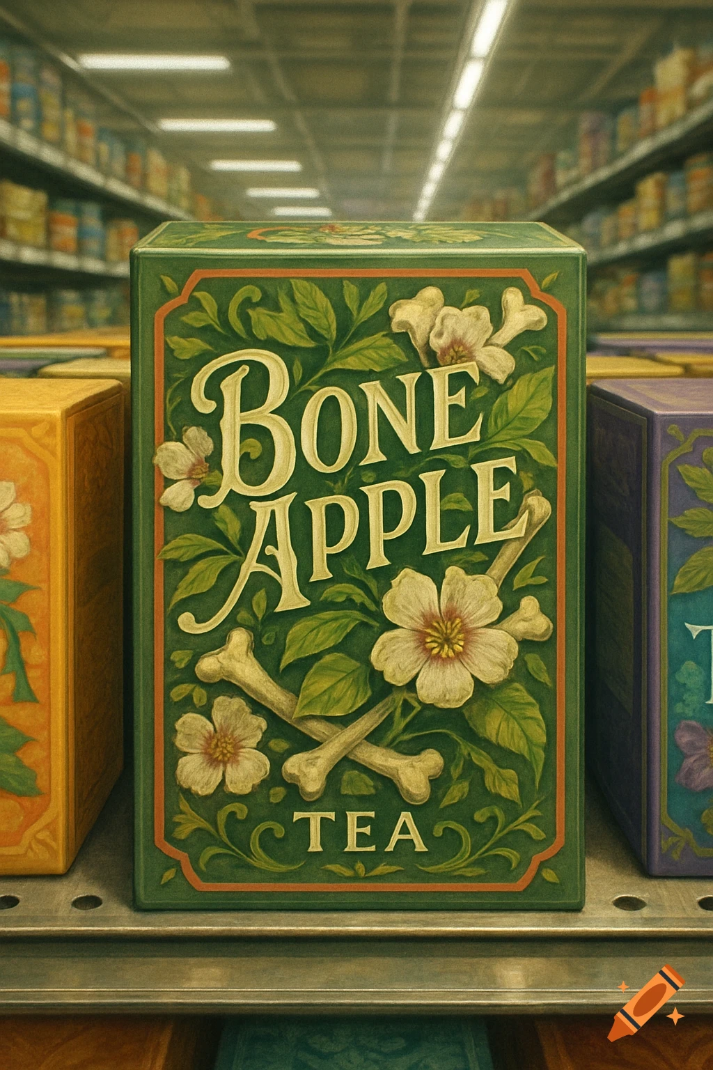 A vintage-style green tea box labeled "Bone Apple Tea" with bones and flowers, on a supermarket shelf.