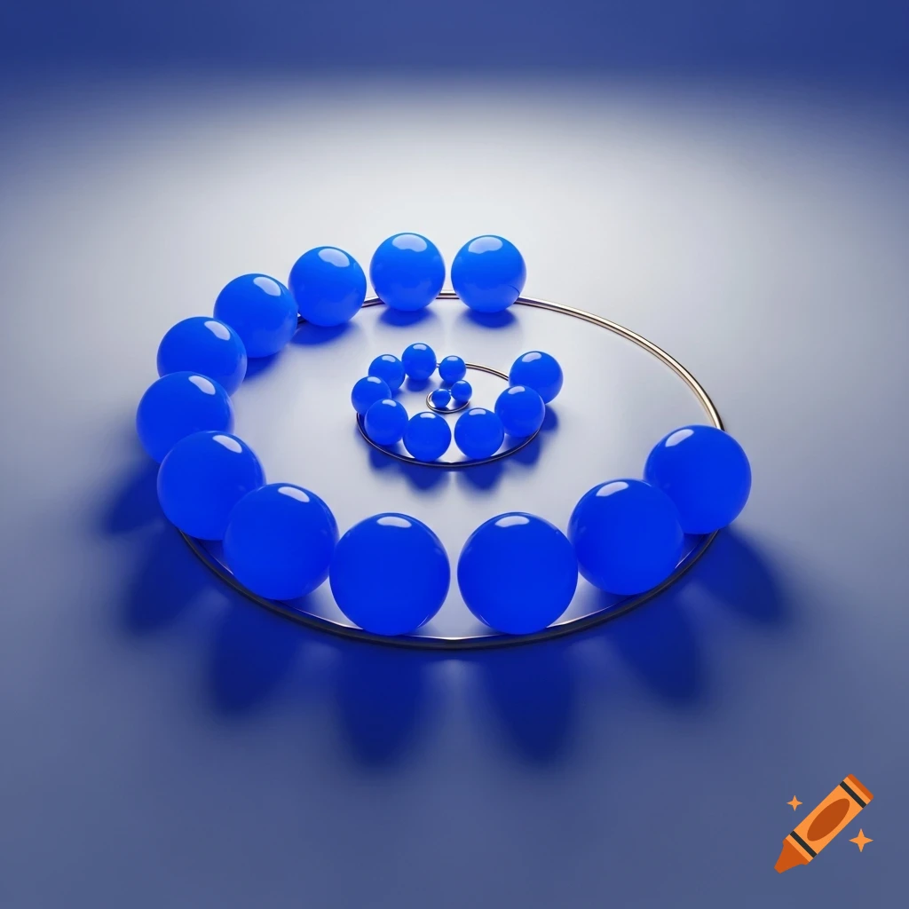 A golden ratio spiral formed by glossy blue spheres on a reflective gray surface.