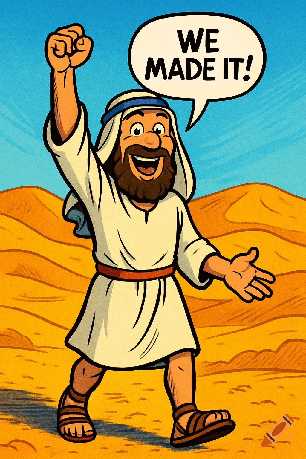 A joyful comic-style biblical man in a desert, raising his fist and saying 'We made it!' in a speech bubble.
