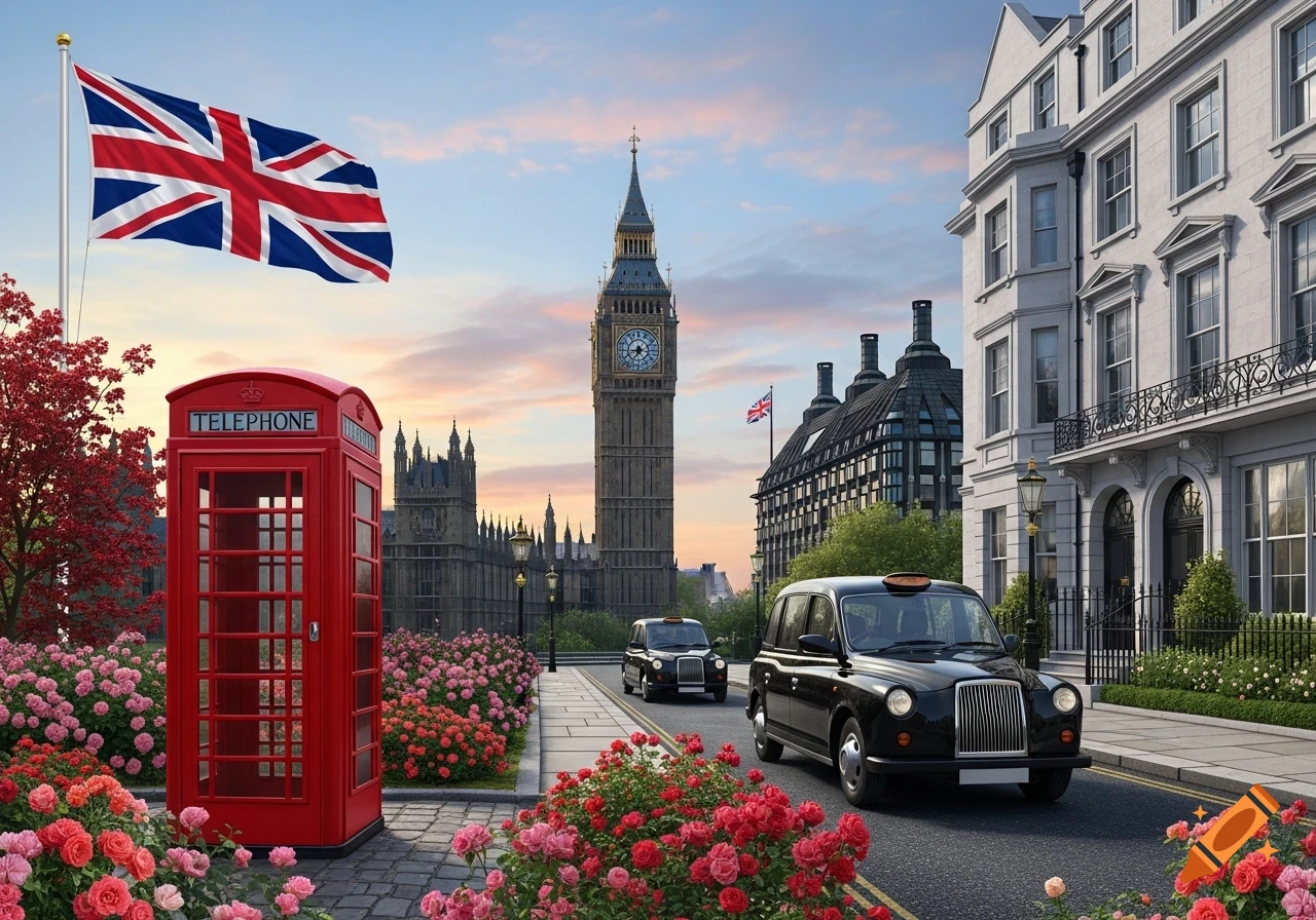 A picturesque London street scene with Big Ben, a red telephone booth, black taxis, and British flags amidst blooming flowers.