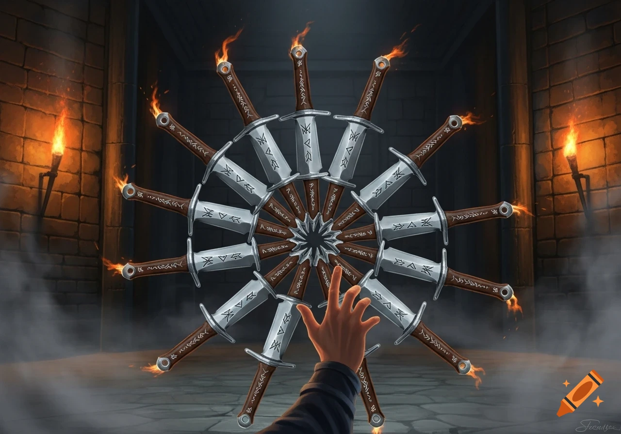 A hand reaches towards a swirling wheel of flaming swords decorated with runes in a dark dungeon with torches.