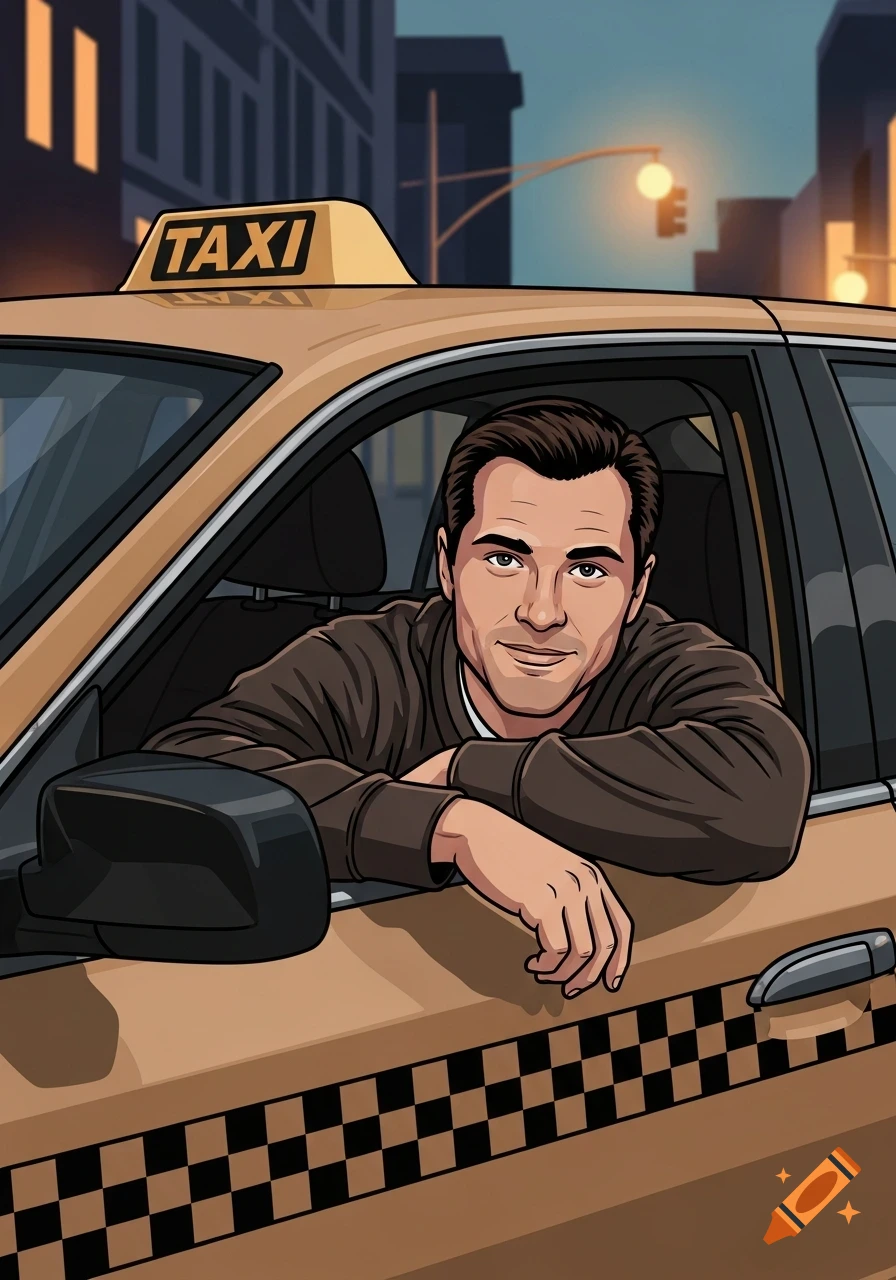 Taxi Driver Graphics A graphic novel style cartoon of a smiling taxi driver leaning out of ...