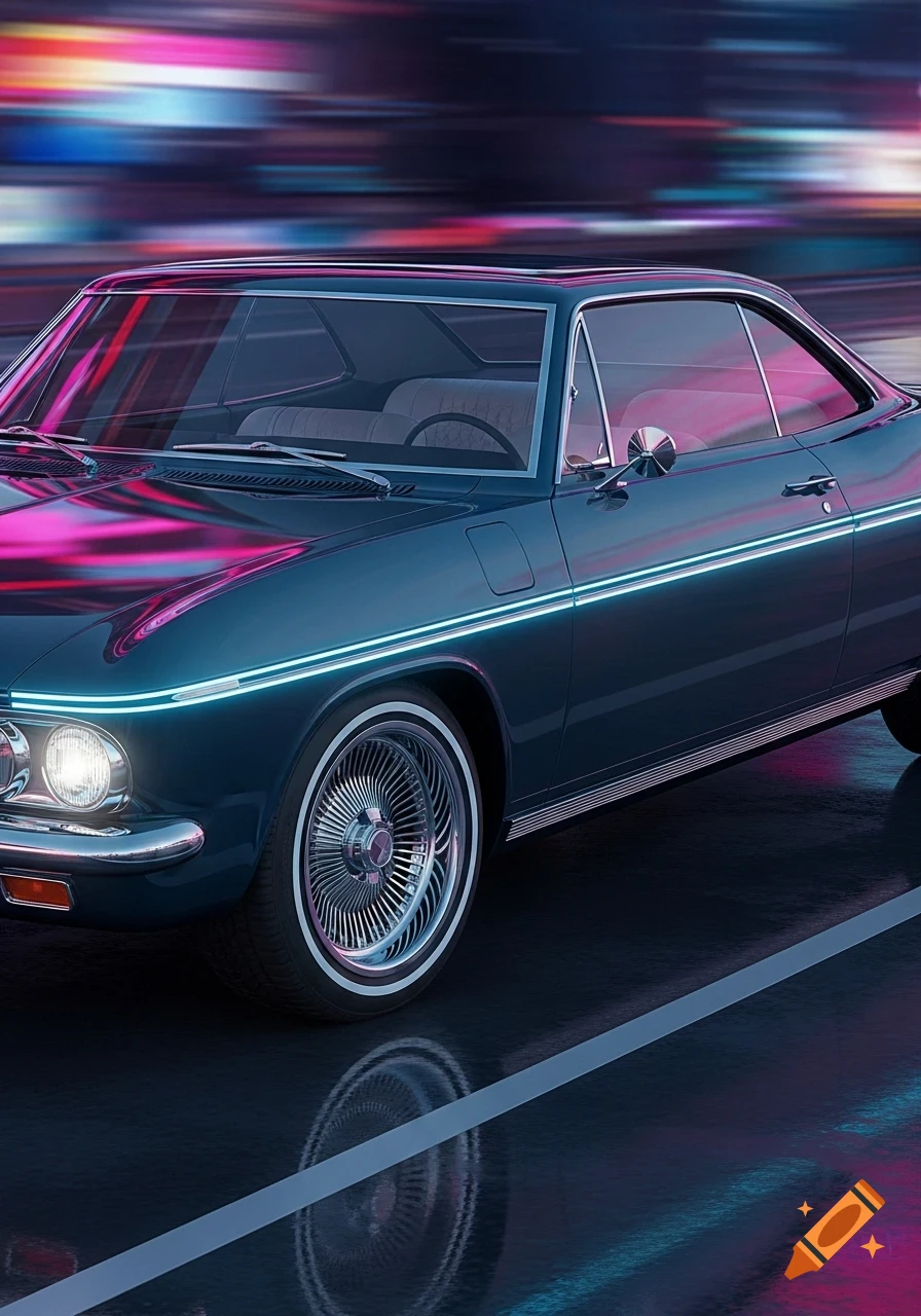 A dark blue vintage Chevrolet Corvair with neon light strips, parked on a reflective surface with a blurred colorful background.