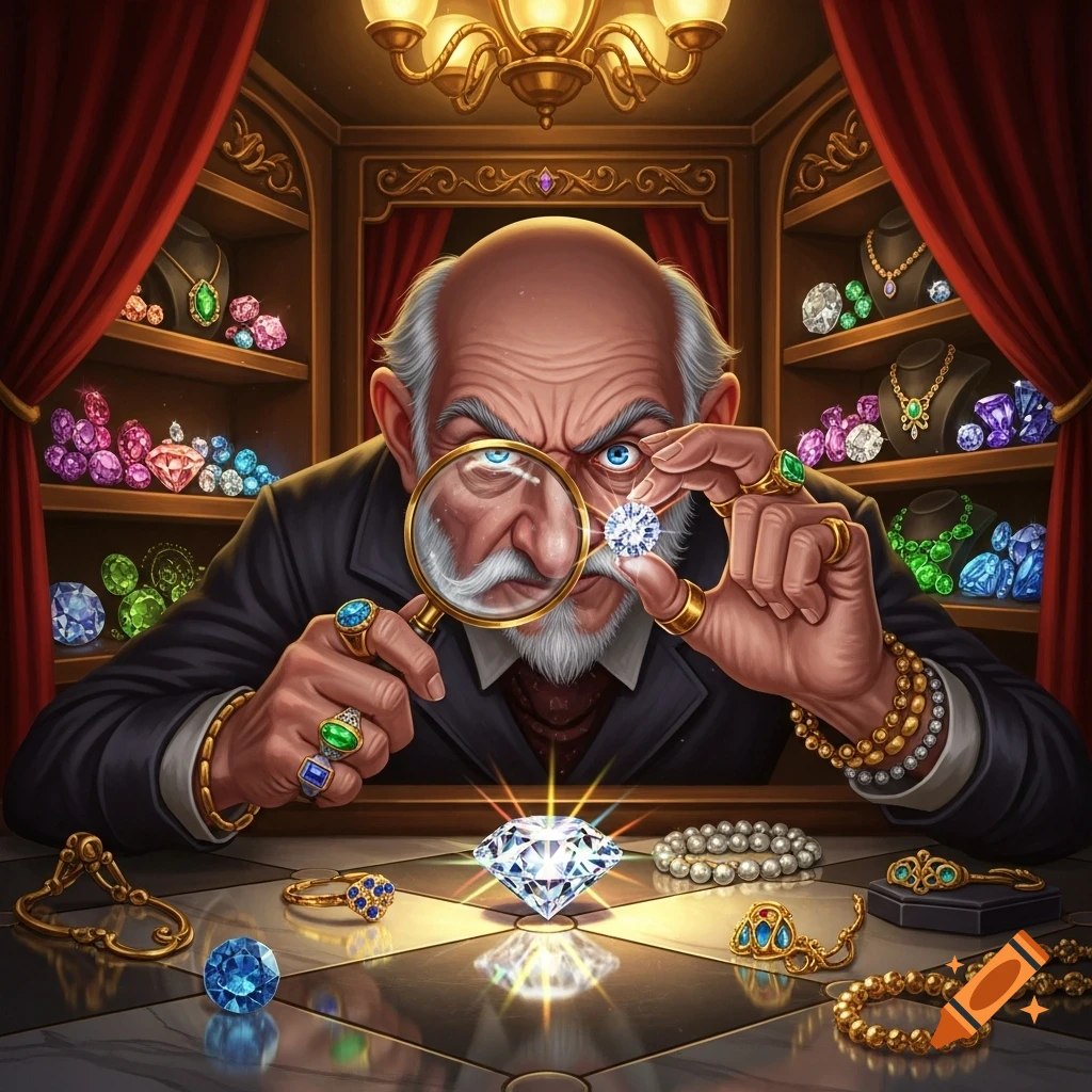 An old, bald jeweler with a white mustache uses a loupe to examine a sparkling diamond, surrounded by colorful loose gems and gold jewelry.