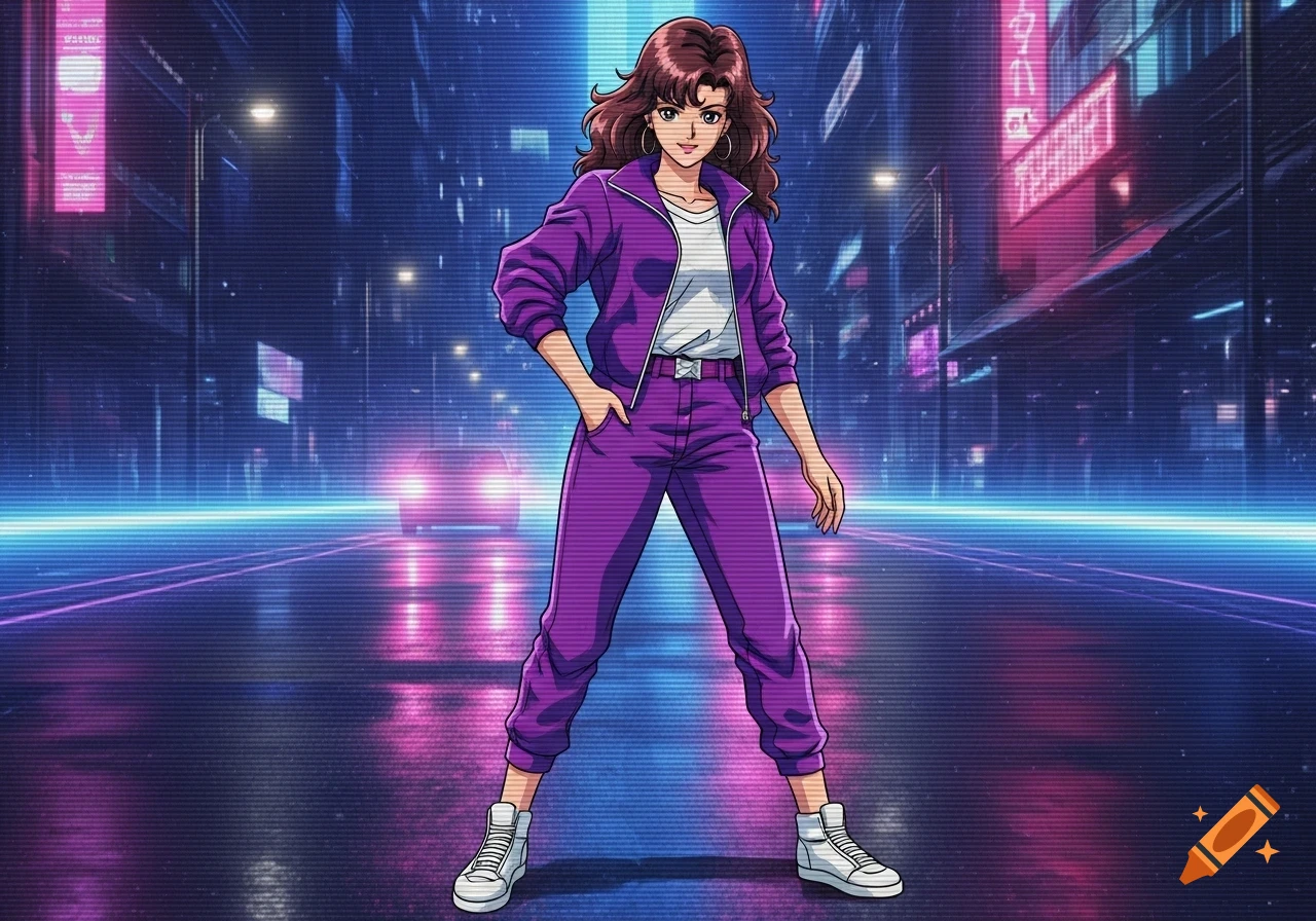A woman in a purple tracksuit stands on a neon-lit street in 1980s anime OVA style, with a VHS scanline effect.