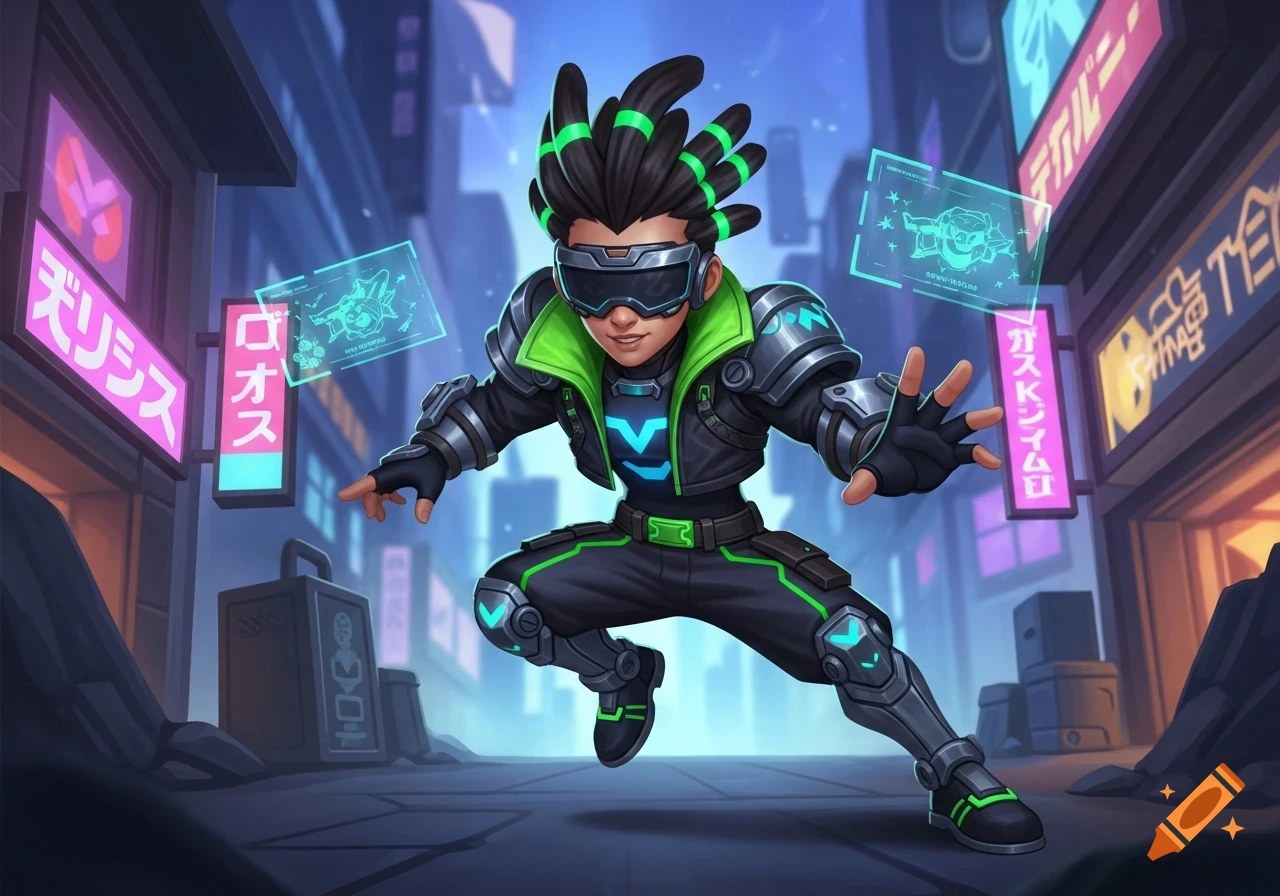 A stylized character with green dreadlocks, VR goggles, and a black and green armored suit stands in a futuristic city street with neon signs and holographic displays.