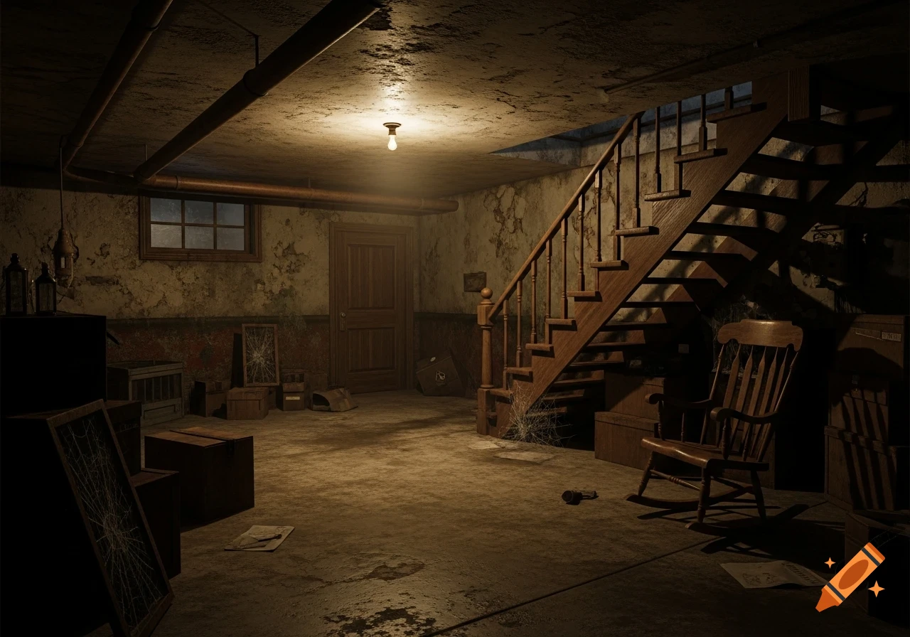 A dimly lit, dusty, old basement with wooden stairs, a rocking chair, stacked boxes, and a small window, illuminated by a single ceiling bulb.