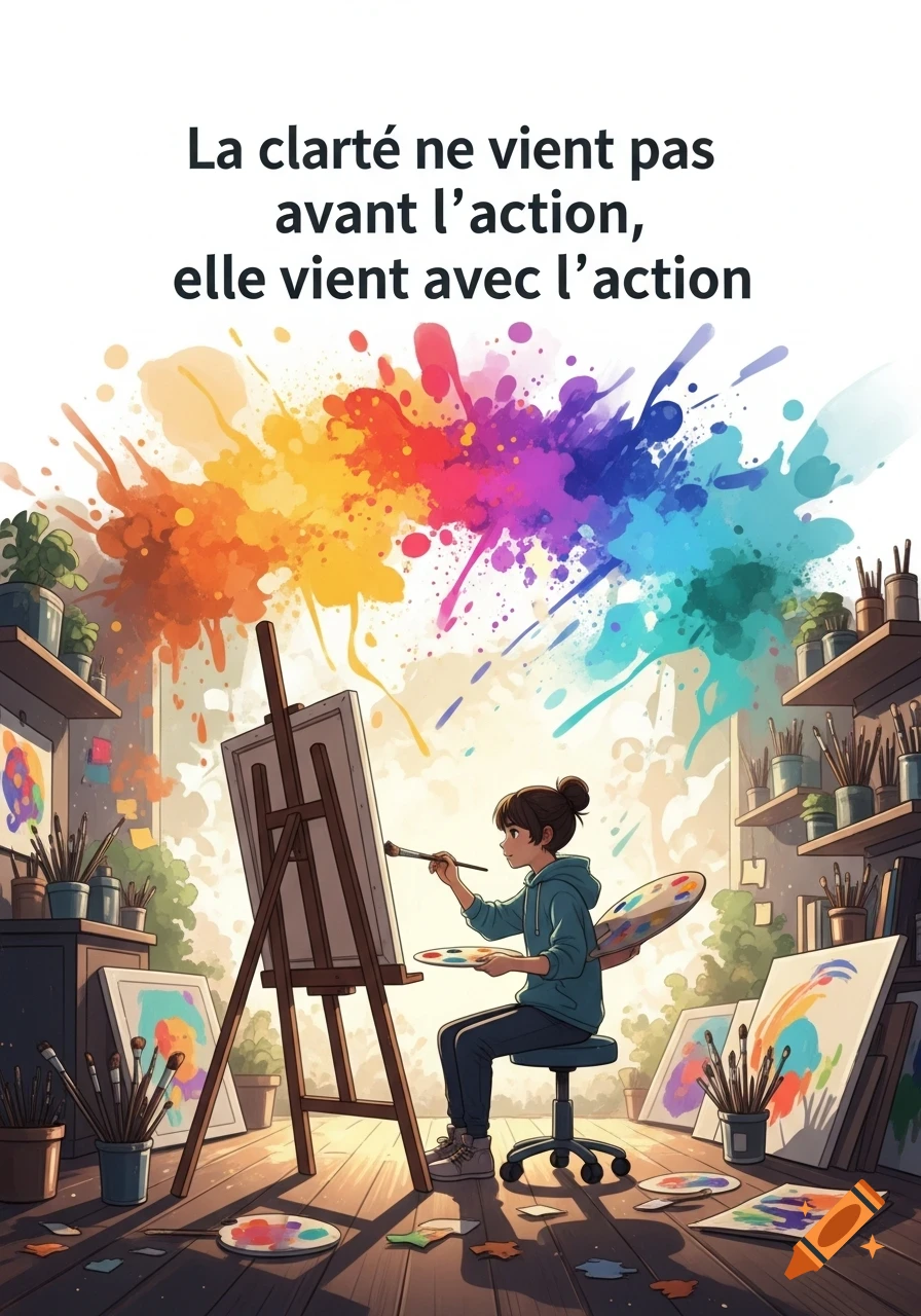 Anime-style illustration of a person painting on an easel in a bright art studio, with a colorful paint splash above and an inspirational quote.