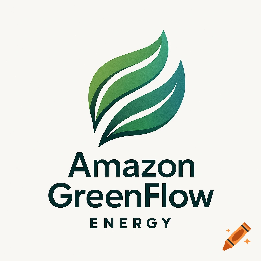 A logo with two stylized green leaves above the text 'Amazon GreenFlow Energy' on a white background.