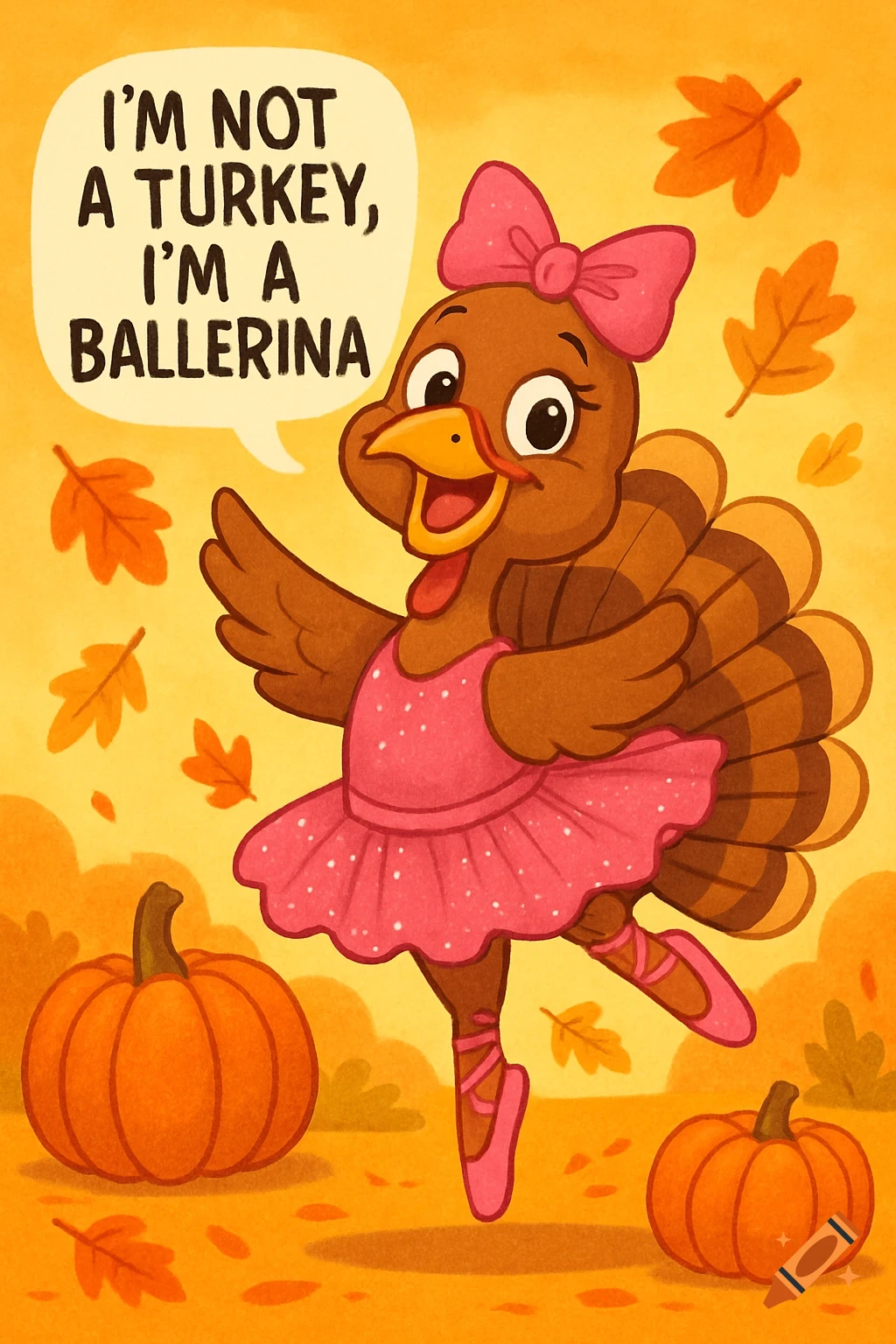 Cute cartoon turkey in a pink ballerina tutu and shoes, with a bow, dancing amidst pumpkins and autumn leaves. A speech bubble says, 'I'm not a turkey, I'm a ballerina.'