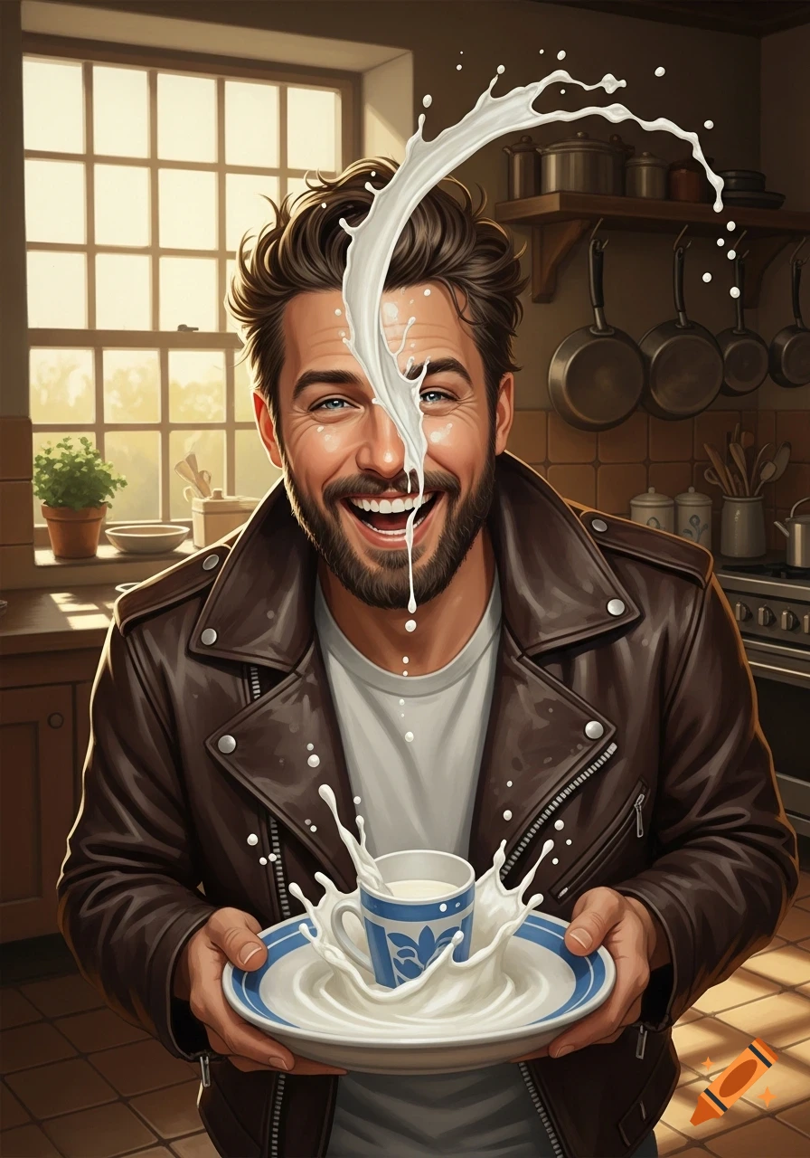 A smiling, bearded man in a brown leather jacket holds a plate with a cup of milk splattering onto his face in a kitchen illustration.