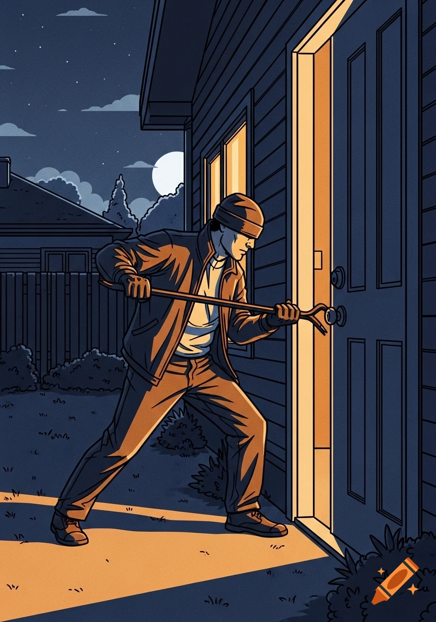 A burglar in a beanie and jacket uses a crowbar to pry open a house door at night, illustrated in a graphic novel style.