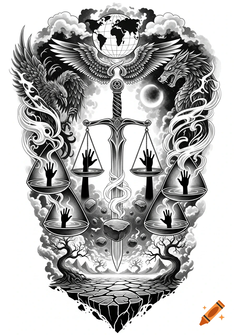Detailed black and white fantasy tattoo design with a sword, scales holding hands, winged globe, raven, dragon, and surreal landscape.