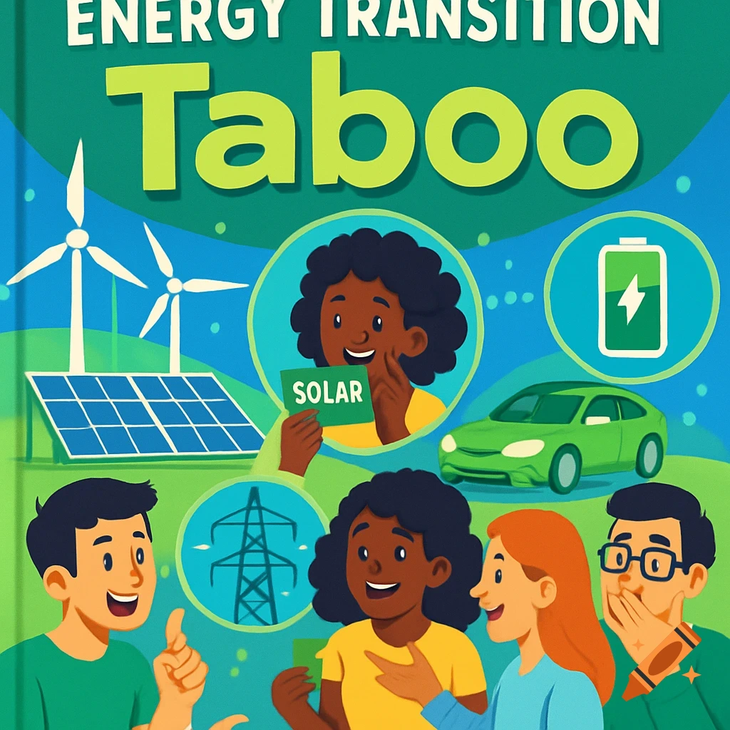 Colorful vector illustration of a board game cover titled "Energy Transition Taboo," featuring diverse characters and renewable energy symbols.