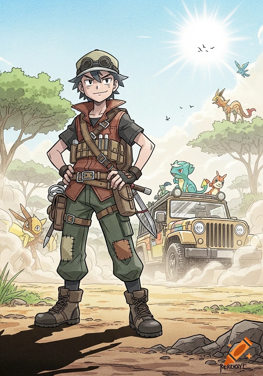 Anime adventurer in safari gear stands in a dusty savanna with Pokémon-like creatures and a jeep.