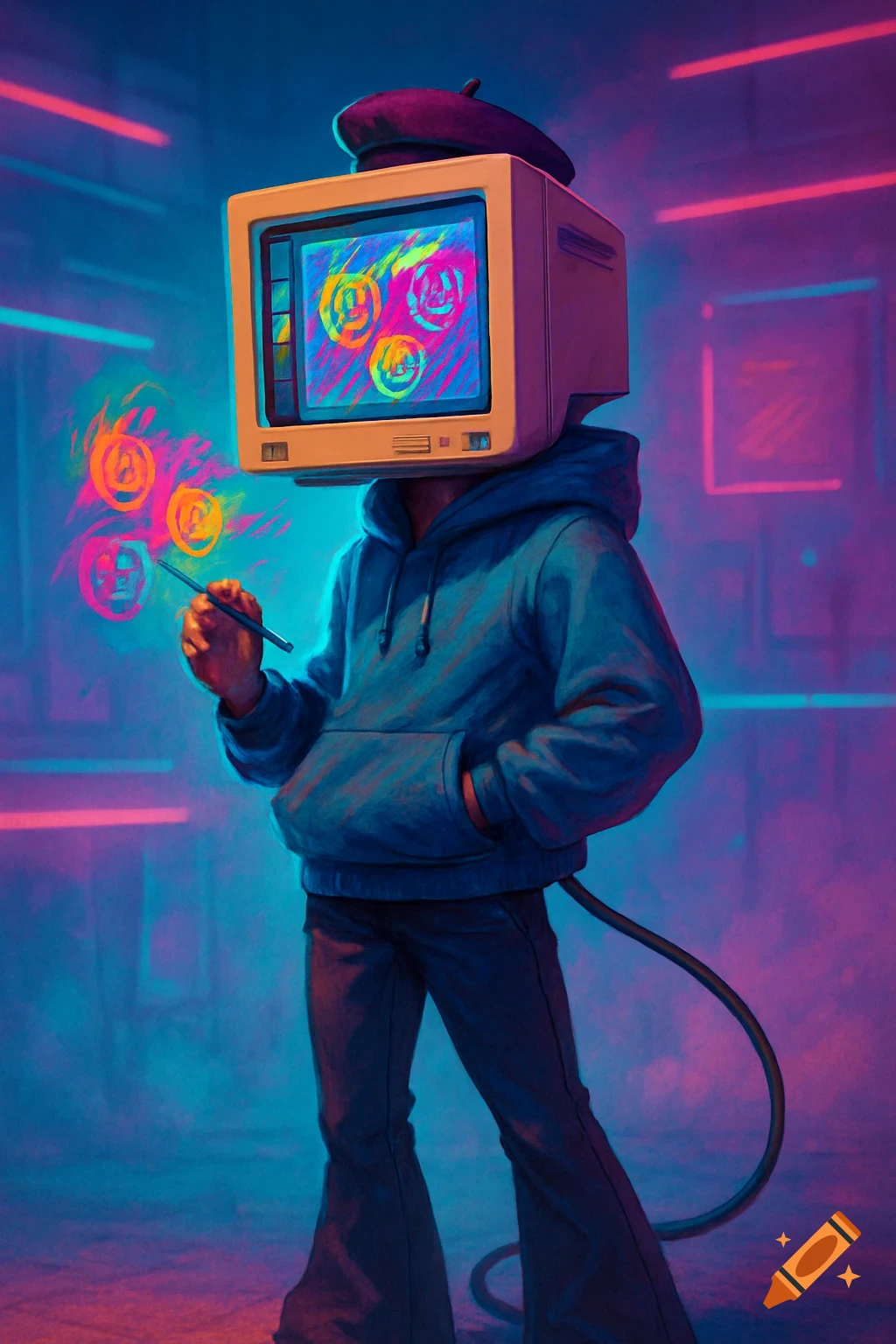 A synthwave character with an 80s monitor head and beret, wearing a blue hoodie, paints colorful scribbled faces in a neon room.