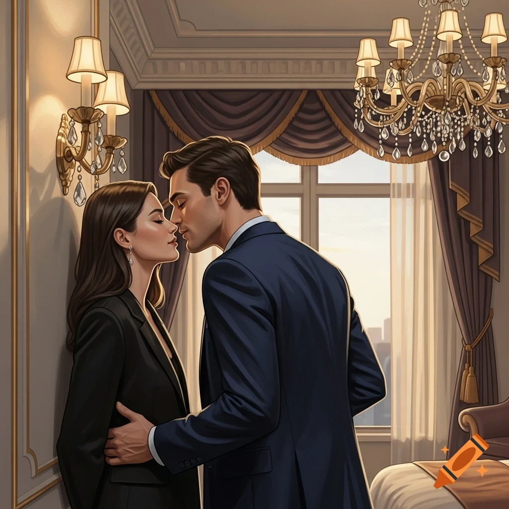 Stylized illustration of a couple about to kiss in a luxurious hotel room; he wears a blue suit, she wears a black jacket.