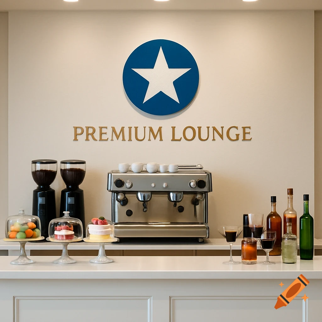 A premium lounge counter features an espresso machine, coffee grinders, pastries, and assorted drinks with a blue star logo and 'Premium Lounge' text on the wall.