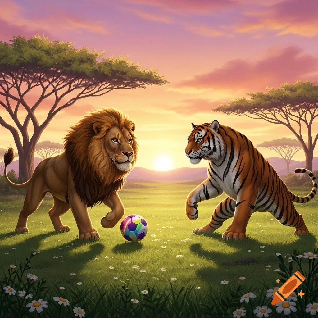 A vibrant illustration of a majestic lion and a tiger playing soccer on a grassy savanna with acacia trees at sunset.