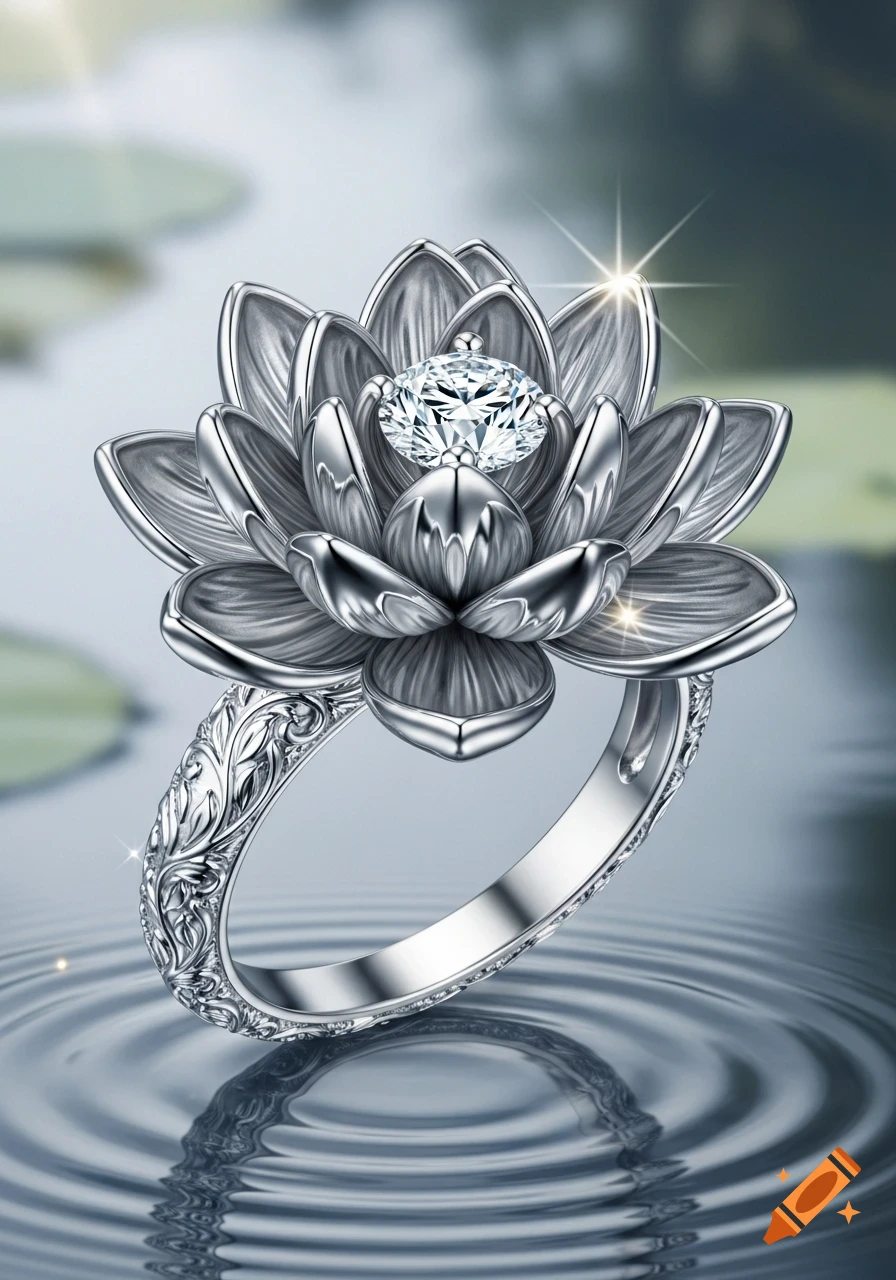 A photorealistic silver lotus engagement ring with a diamond, reflecting in rippled water with lily pads.