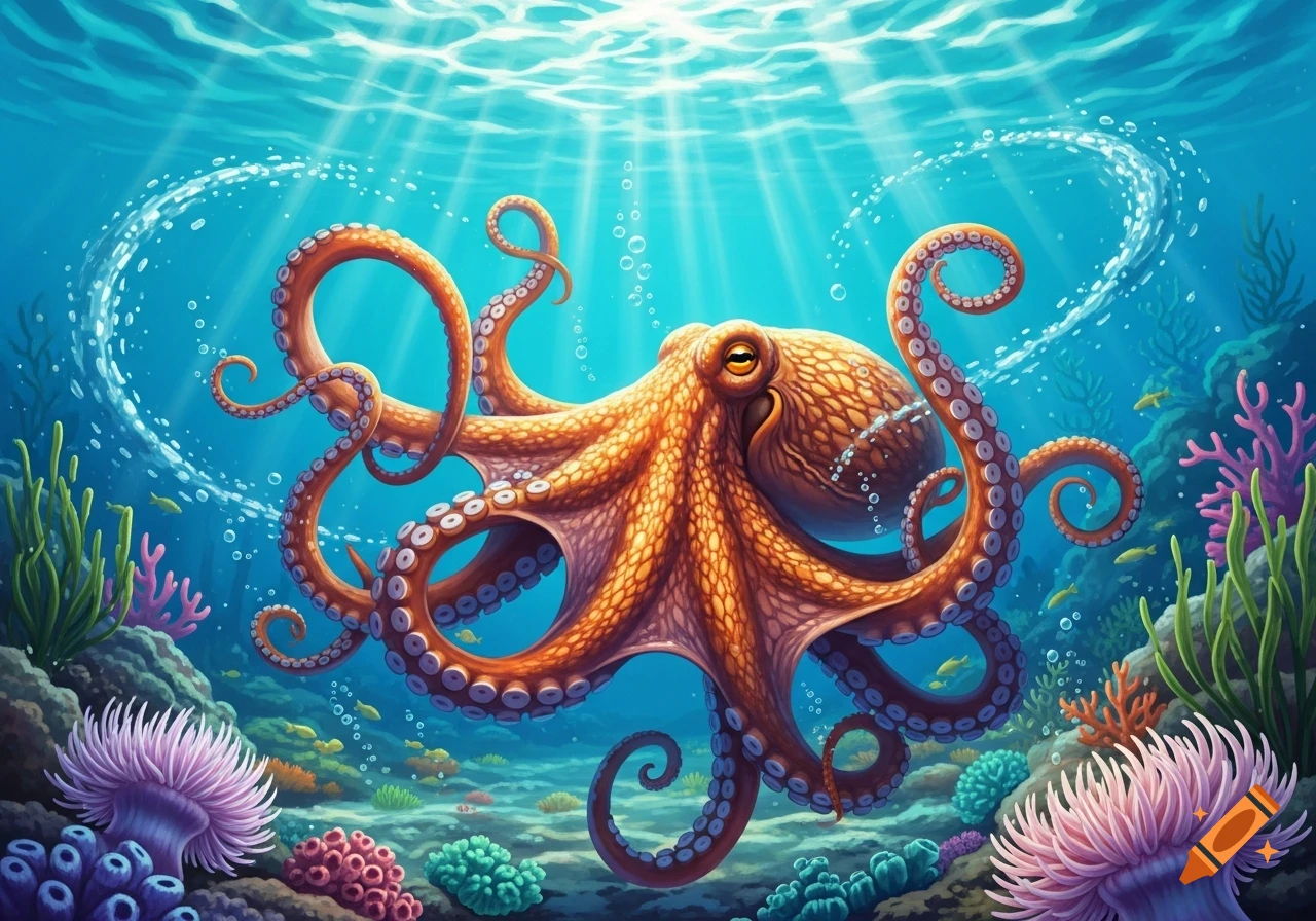 An orange octopus with swirling tentacles swims above a vibrant coral reef in a sunlit underwater scene.