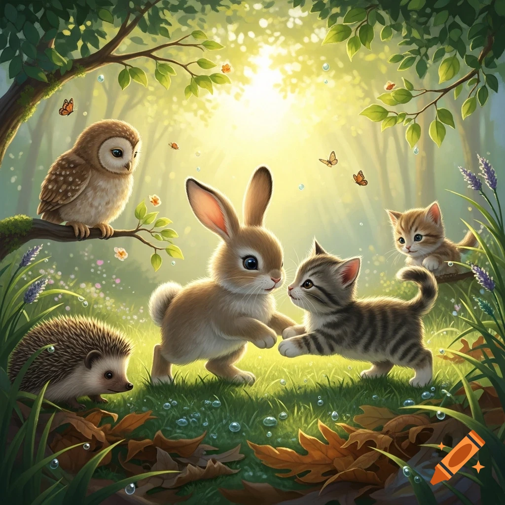 Cute cartoon rabbit, kittens, owl, and hedgehog play in a sunny forest clearing.