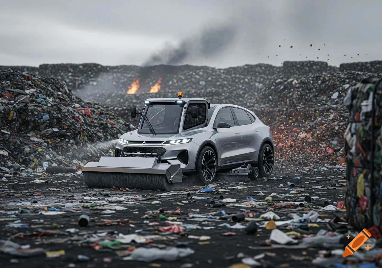 A futuristic silver street sweeper vehicle on a dirty landfill road with trash piles and fires in the background, photorealistic style.