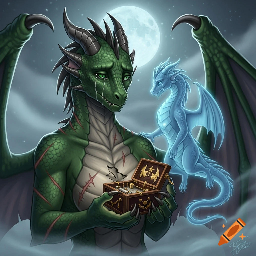 A green crying dragon with scars holds an open music box, while a glowing blue ghost dragon stands beside it under a full moon.