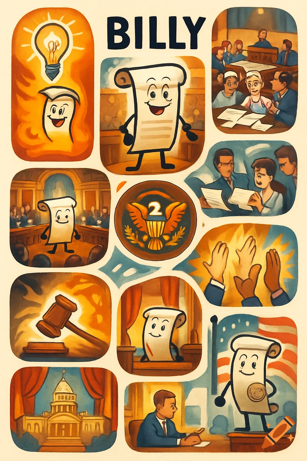 Colorful cartoon storyboard titled "BILLY" depicting the legislative process of how a bill becomes a law, featuring a personified scroll.