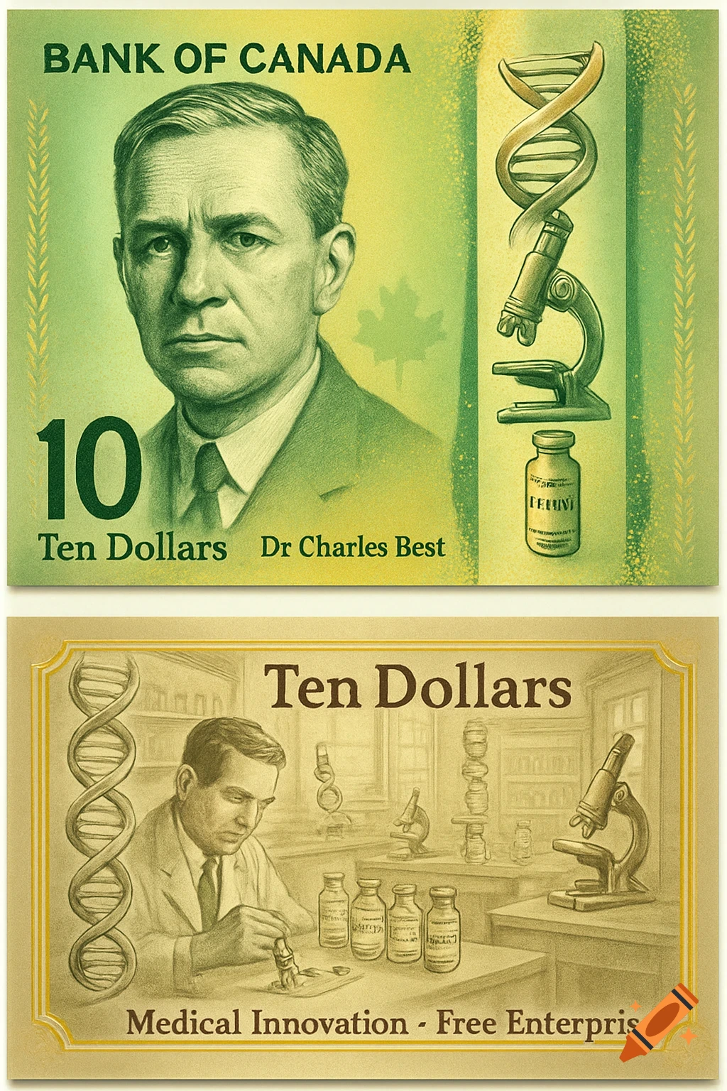 A stylized Canadian $10 banknote, front features Dr. Charles Best portrait and scientific icons, back shows a research lab.