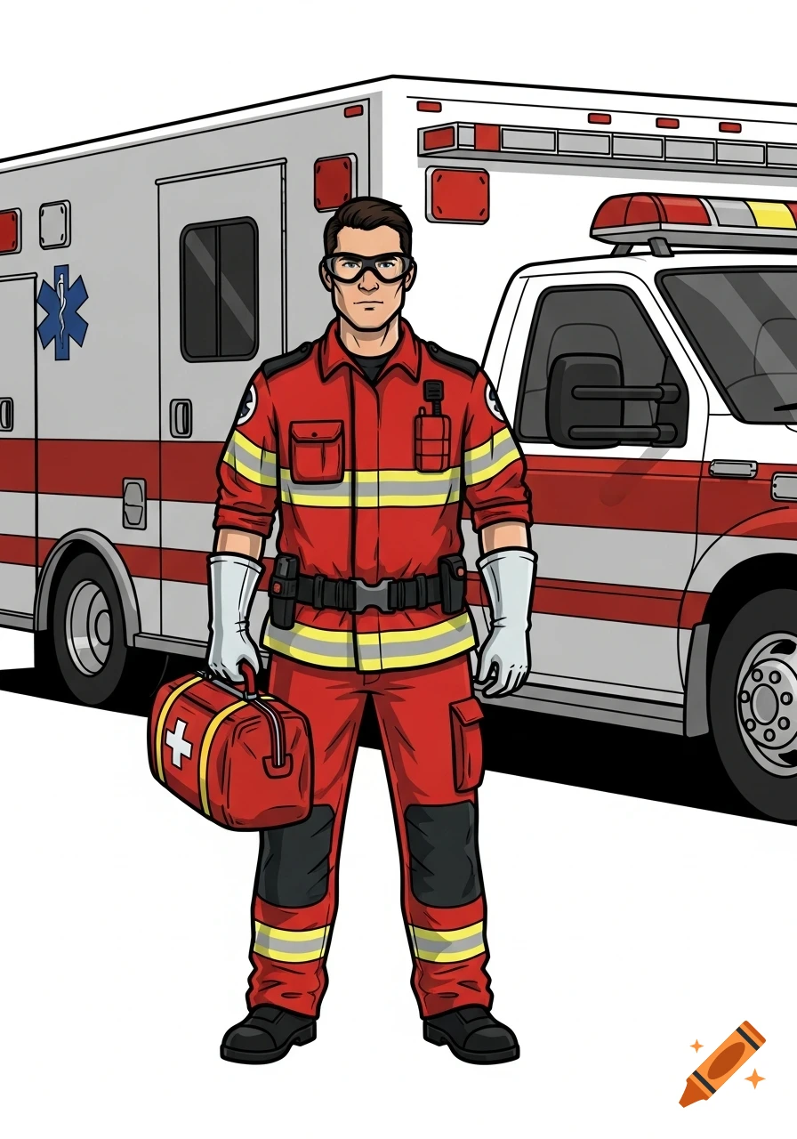 A cartoon-style emergency responder in red uniform and goggles, holding a medical bag, stands before an ambulance.