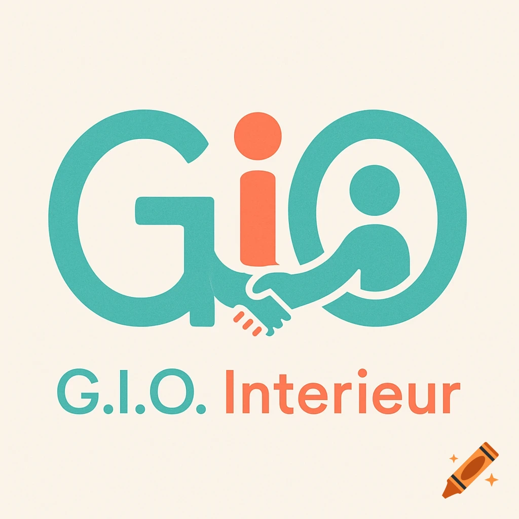 A cheerful G.I.O. Interieur logo with stylized teal letters, an orange dot, two person icons, and shaking hands, on a light background.