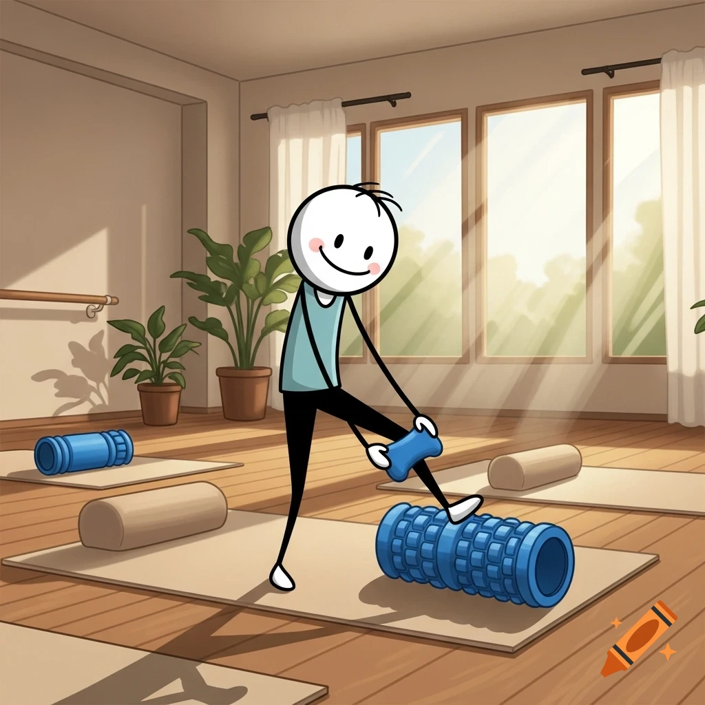 A smiling stick figure uses a blue foam roller on their calf in a sunny studio with yoga mats and plants.