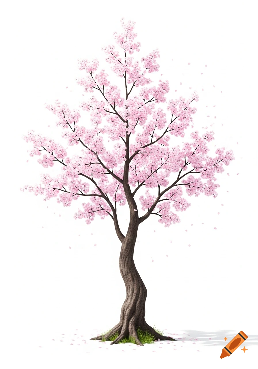 An illustration of a cherry blossom tree with pink flowers and a gnarled trunk on a white background, with petals falling.