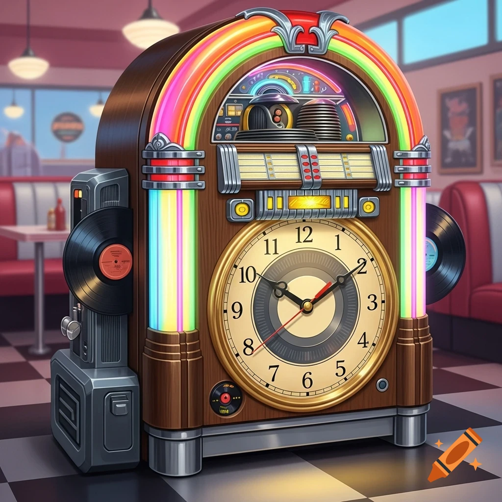 A retro jukebox with a large clock face on its front, featuring colorful neon lights and vinyl records, set in a classic diner.