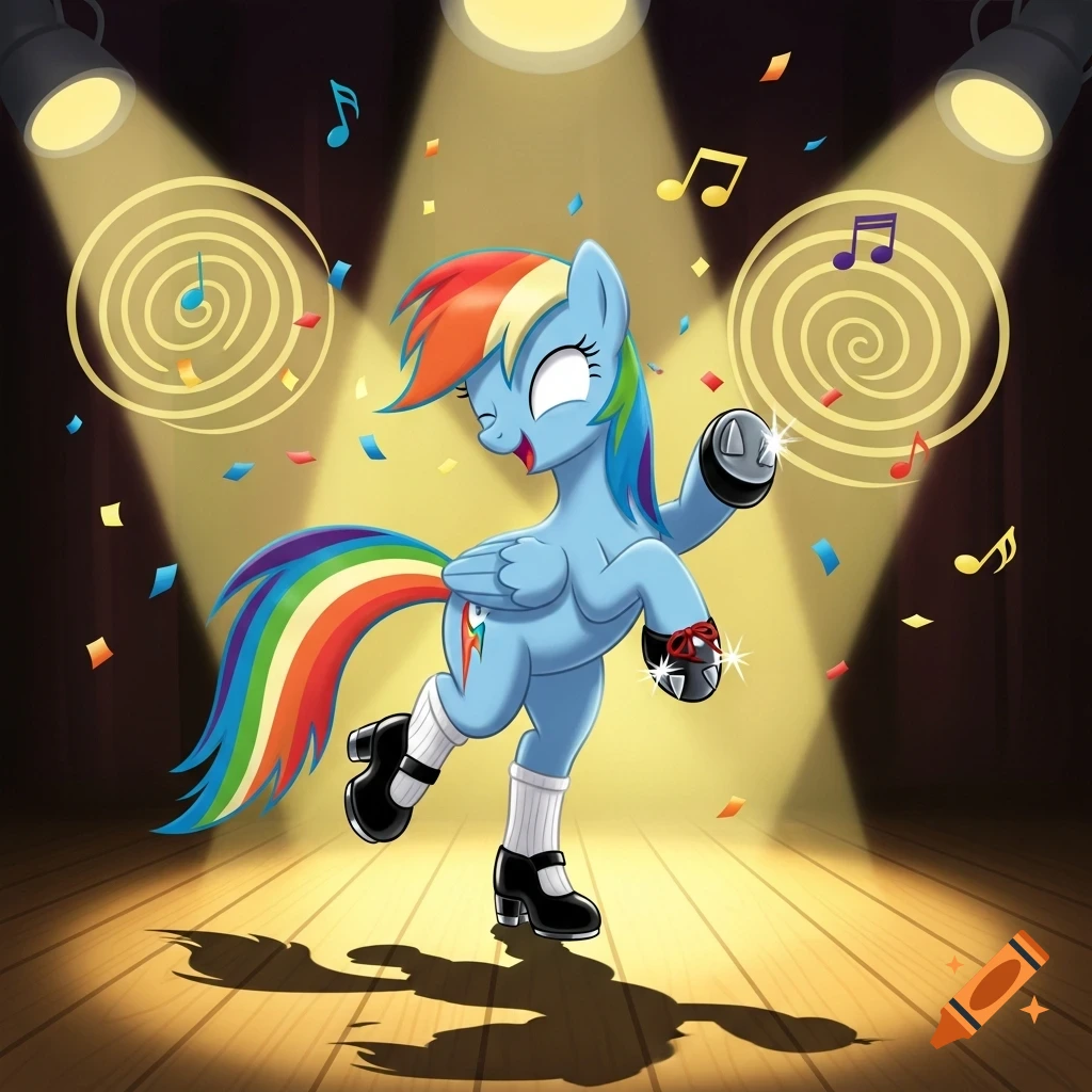 Cartoon Rainbow Dash tap dancing under spotlights with confetti and musical notes on a stage.