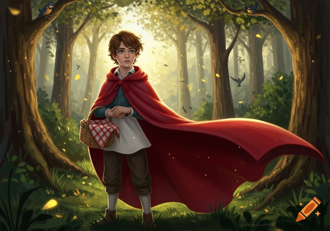 A young boy in a red hooded cape holds a basket in a sunlit, enchanted forest, with birds perched on trees.