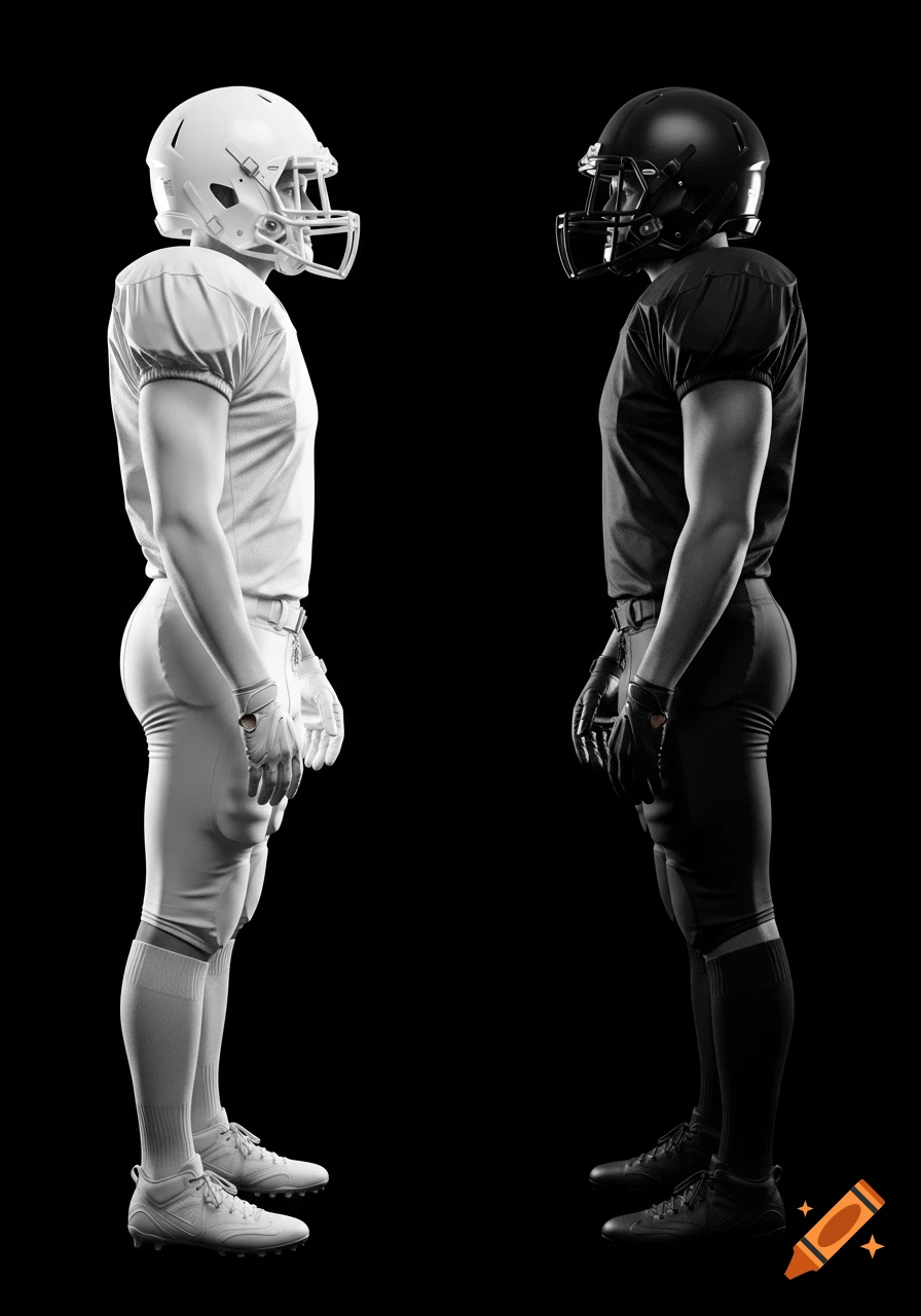 Two American football players, one in white and one in black uniform, face each other in a detailed side view against a black background.