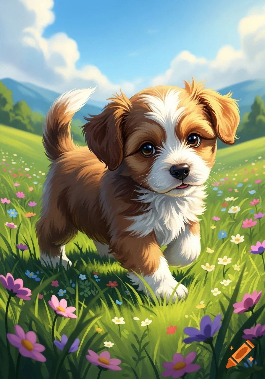 A cute, fluffy brown and white puppy with big eyes walks through a vibrant green field filled with colorful wildflowers under a blue sky. Illustration.